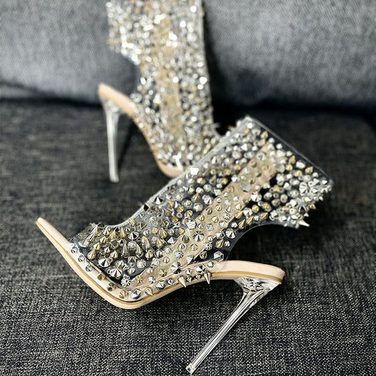 Rivet Transparent Stiletto Square Toe Sandals — Women&