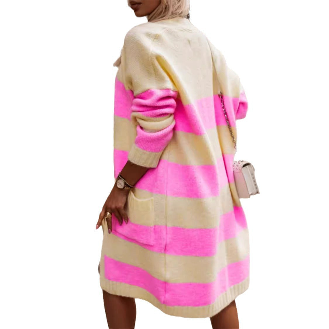 Loose Contrast Color Long Cardigan Sweater