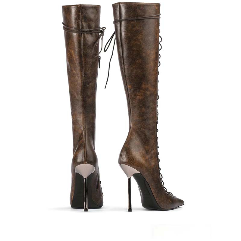Pointed-toe Hollowed Cross Lace-up Stiletto Heel Boots