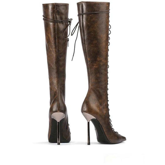 Hollowed Cross Lace-Up Stiletto Boots — Women&