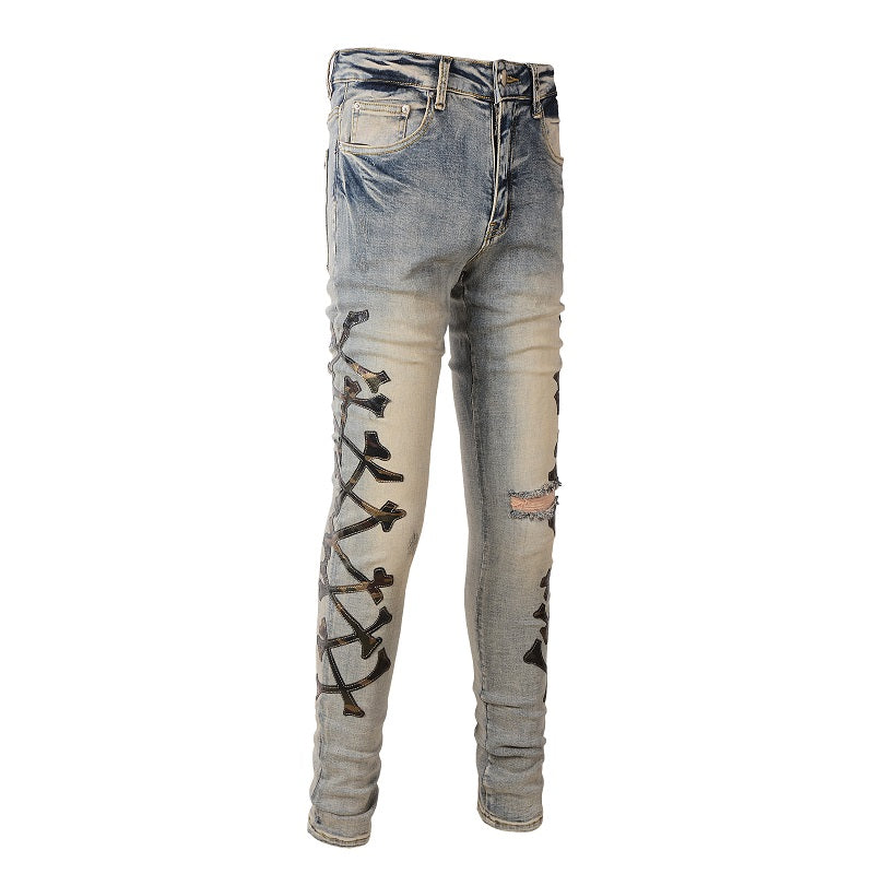 Bone-Pattern Leather Stretch Skinny Denim — Black