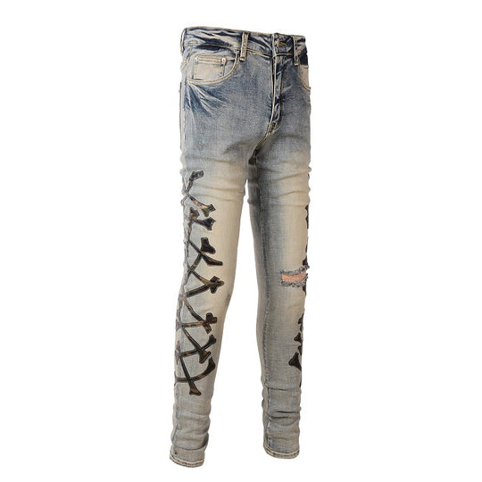 Bone-Pattern Leather Stretch Skinny Denim — Black