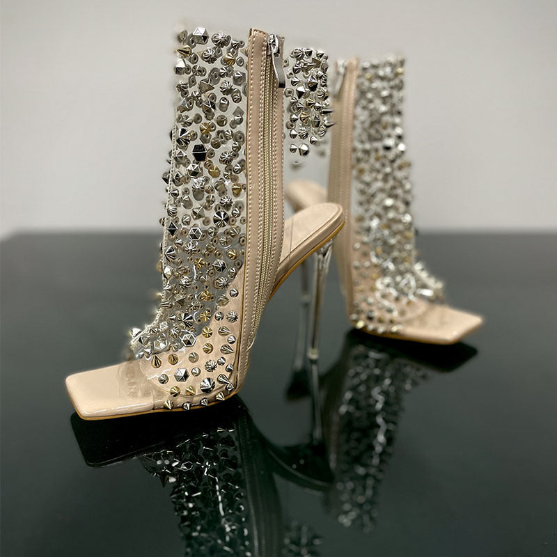 Rivet Transparent Stiletto Square Toe Sandals — Women's