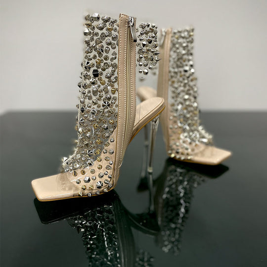 Rivet Transparent Stiletto Square Toe Sandals — Women&