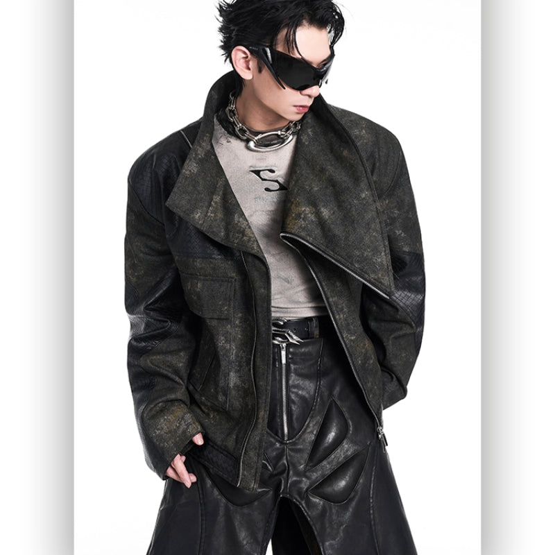 Retro Distressed Stitched Leather Jacket — Men&