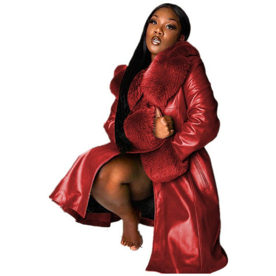 PU Leather Long Coat — Fur Collar, 6 Colours