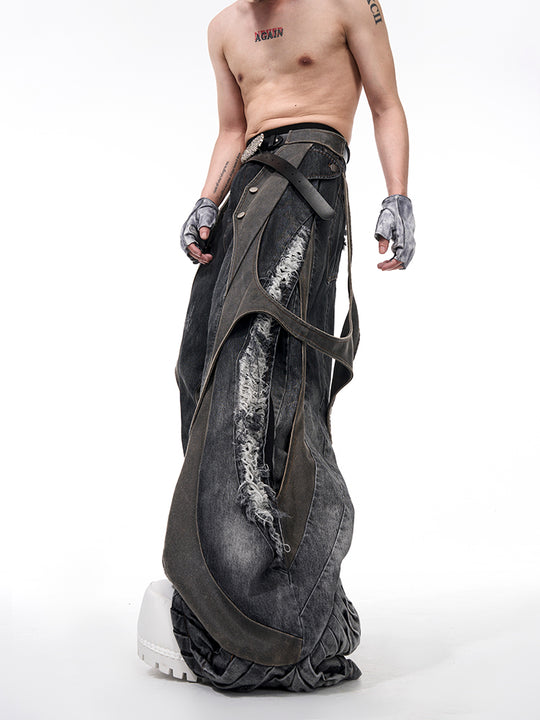 Leather Patchwork Wide-Leg Denim — Summer Beige