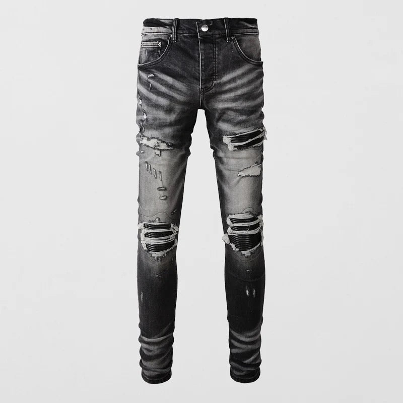 ShopBAM — Retro Leather-Trim Ripped Denim — Black Grey
