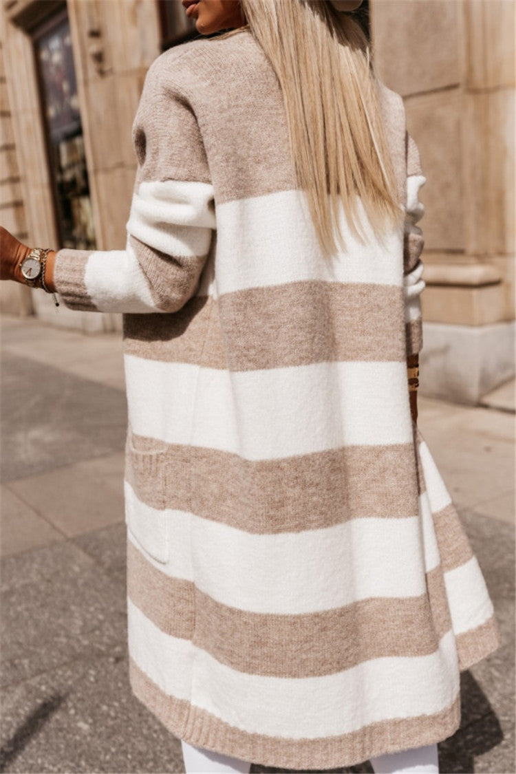 Loose Contrast Color Long Cardigan Sweater