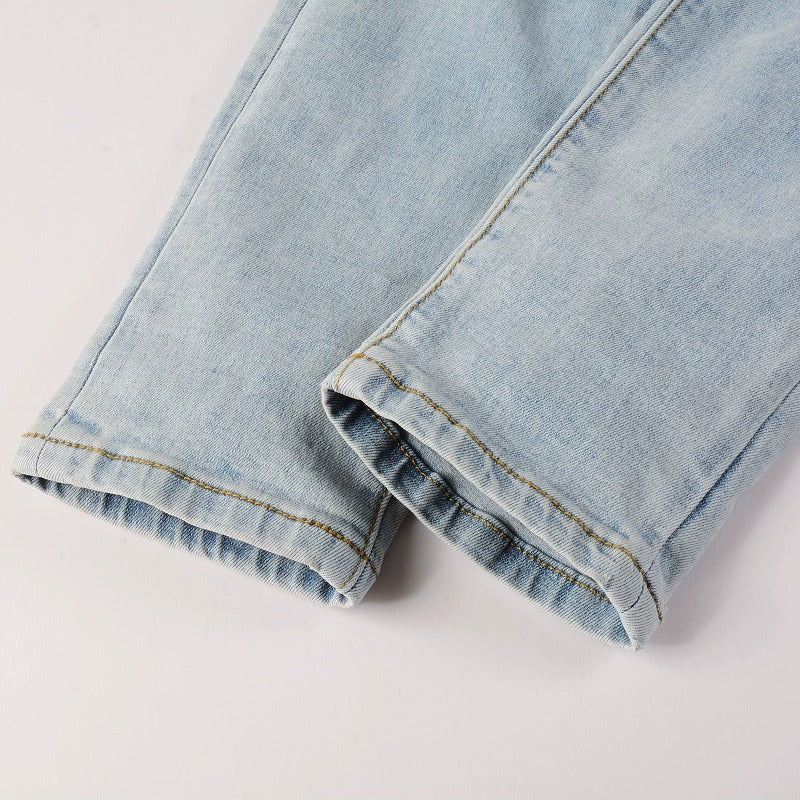 Diamond-Patch Ripped Stretch Skinny Denim — Light Blue