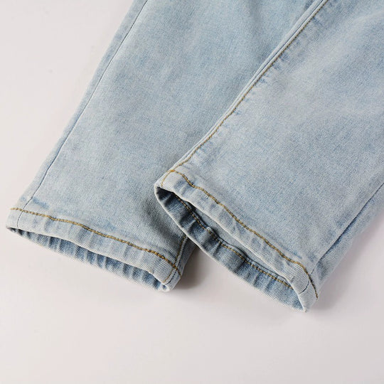 Diamond-Patch Ripped Stretch Skinny Denim — Light Blue