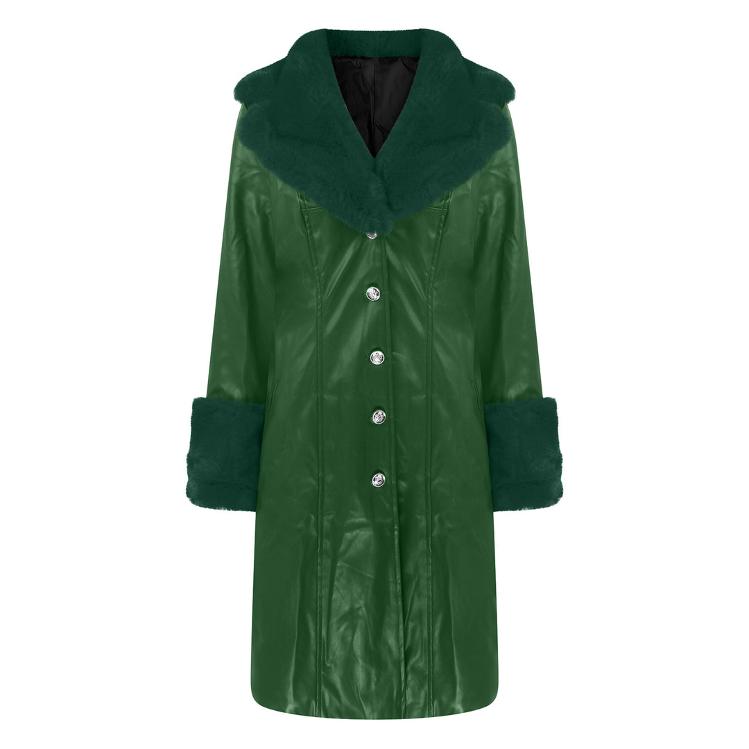 PU Leather Long Coat — Fur Collar, 6 Colours
