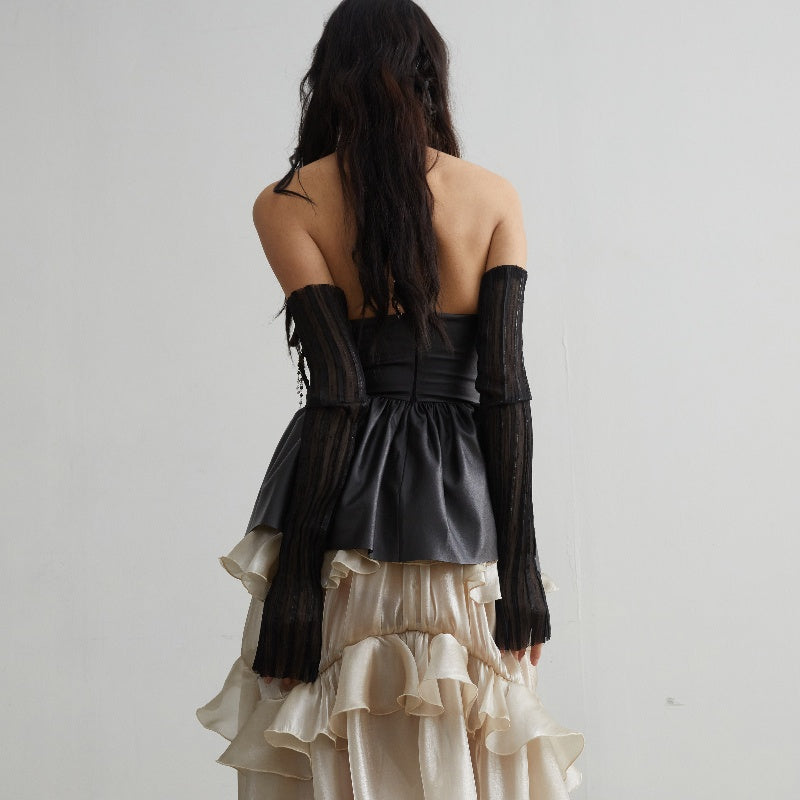 Hollow Heart Ruffled PU Leather Tube Top — Black
