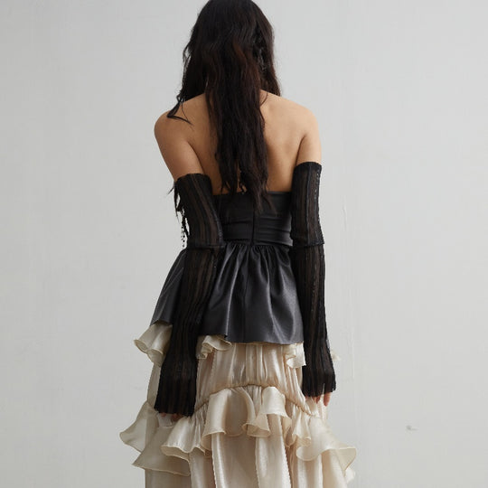 Hollow Heart Ruffled PU Leather Tube Top — Black