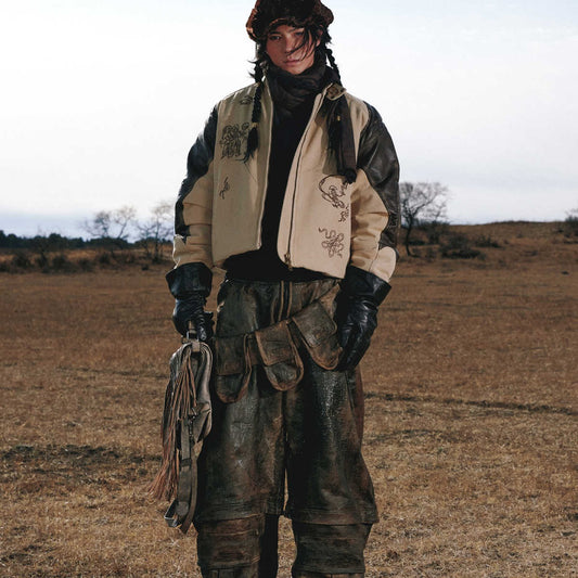 Totem-inspired Leather & Cotton Patchwork Jacket