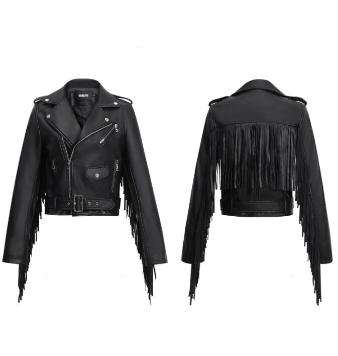 Tassel Slim PU Leather Motorcycle Jacket — Women&