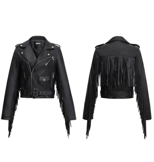 Tassel Slim PU Leather Motorcycle Jacket — Women&