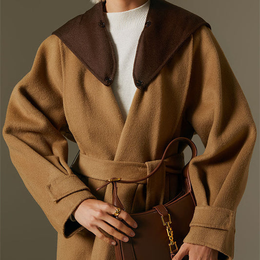 Retro Contrast Color Mid-Length Women's Wool Overcoat