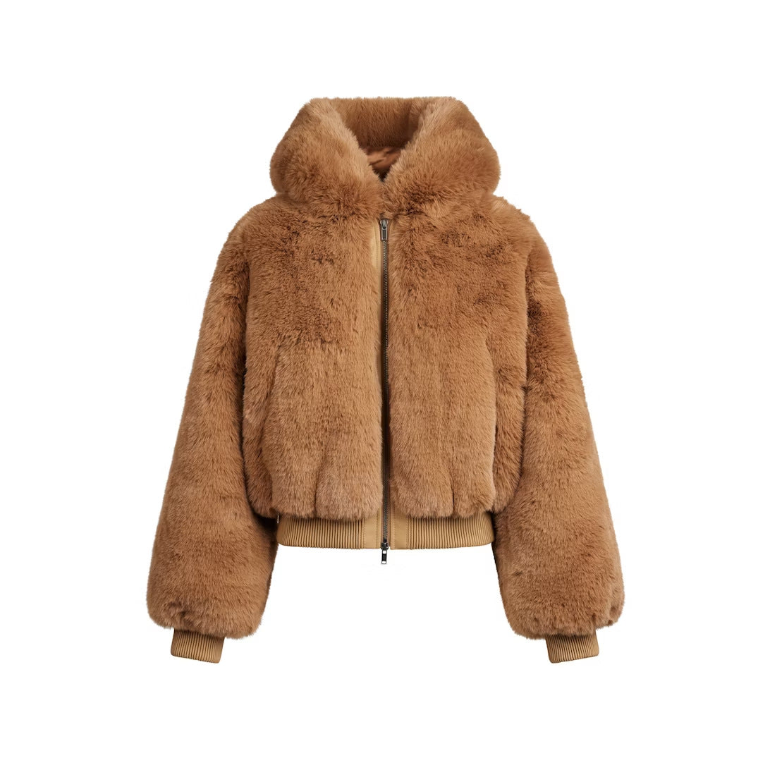 Hooded Warm Fleece Eco-Friendly Faux Fur Jacket With Zipper