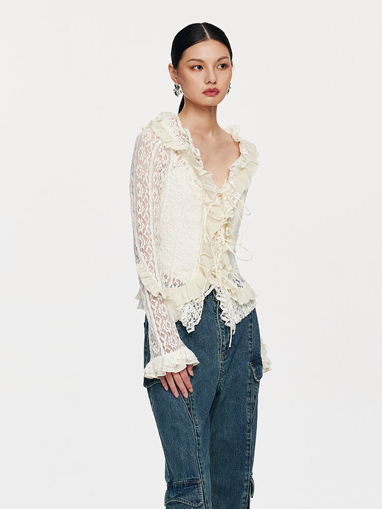 Lace Tie with Fungus Edge Long Sleeved Pullover
