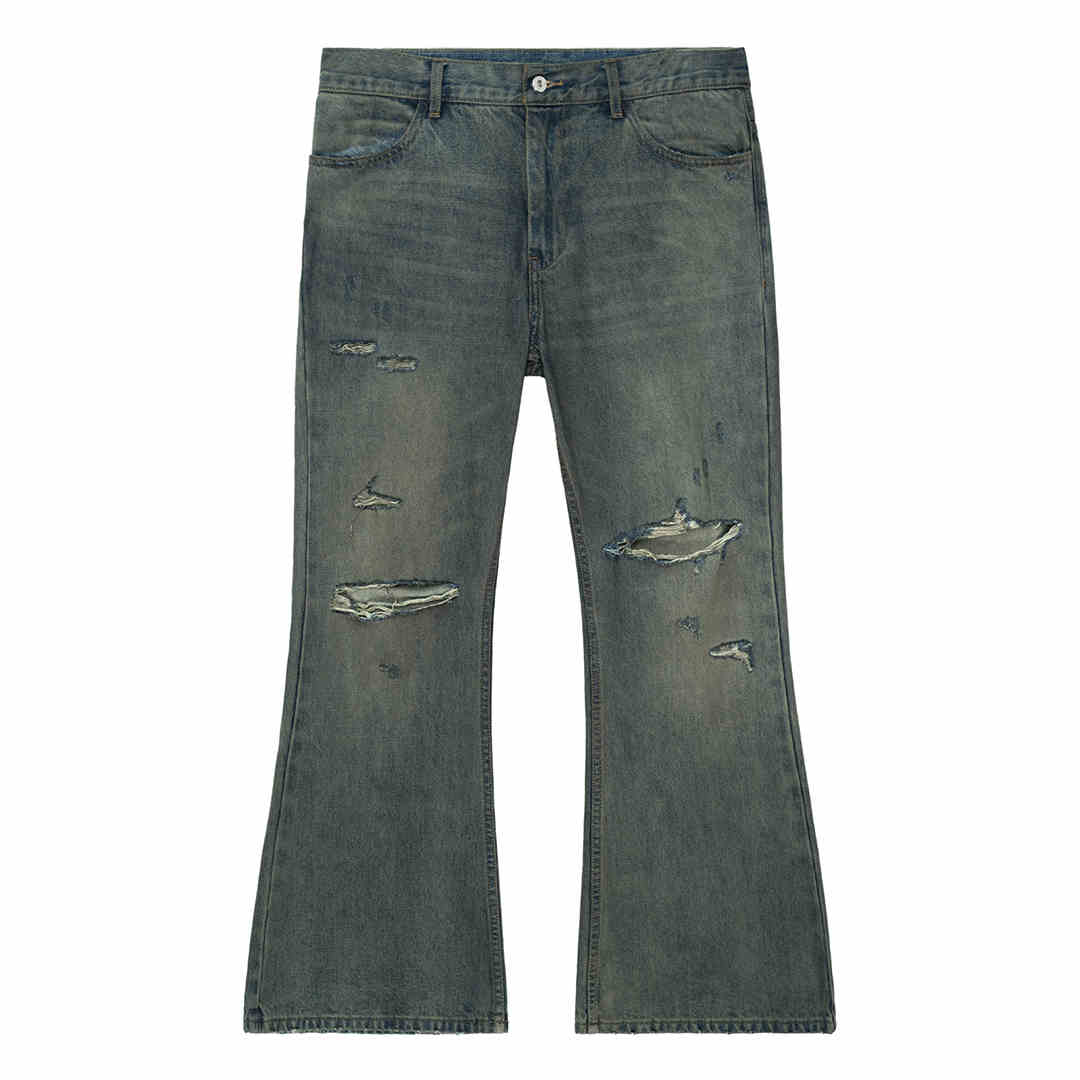 Cotton Retro Ripped Loose Micro-Flare Denim — Washed Blue