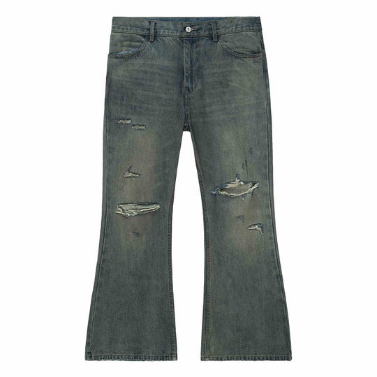 Cotton Retro Ripped Loose Micro-Flare Denim — Washed Blue