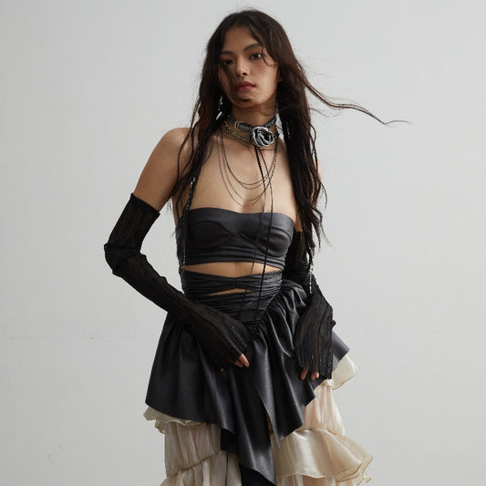 Hollow Heart Machine Ruffled Matte Poly Urethane Leather Tube Top