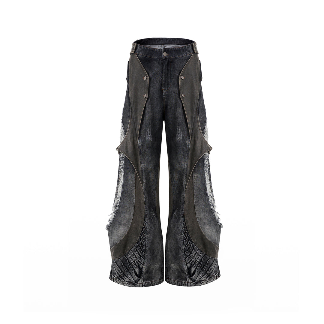 ShopBAM — Leather Patchwork Wide-Leg Denim — Summer Beige