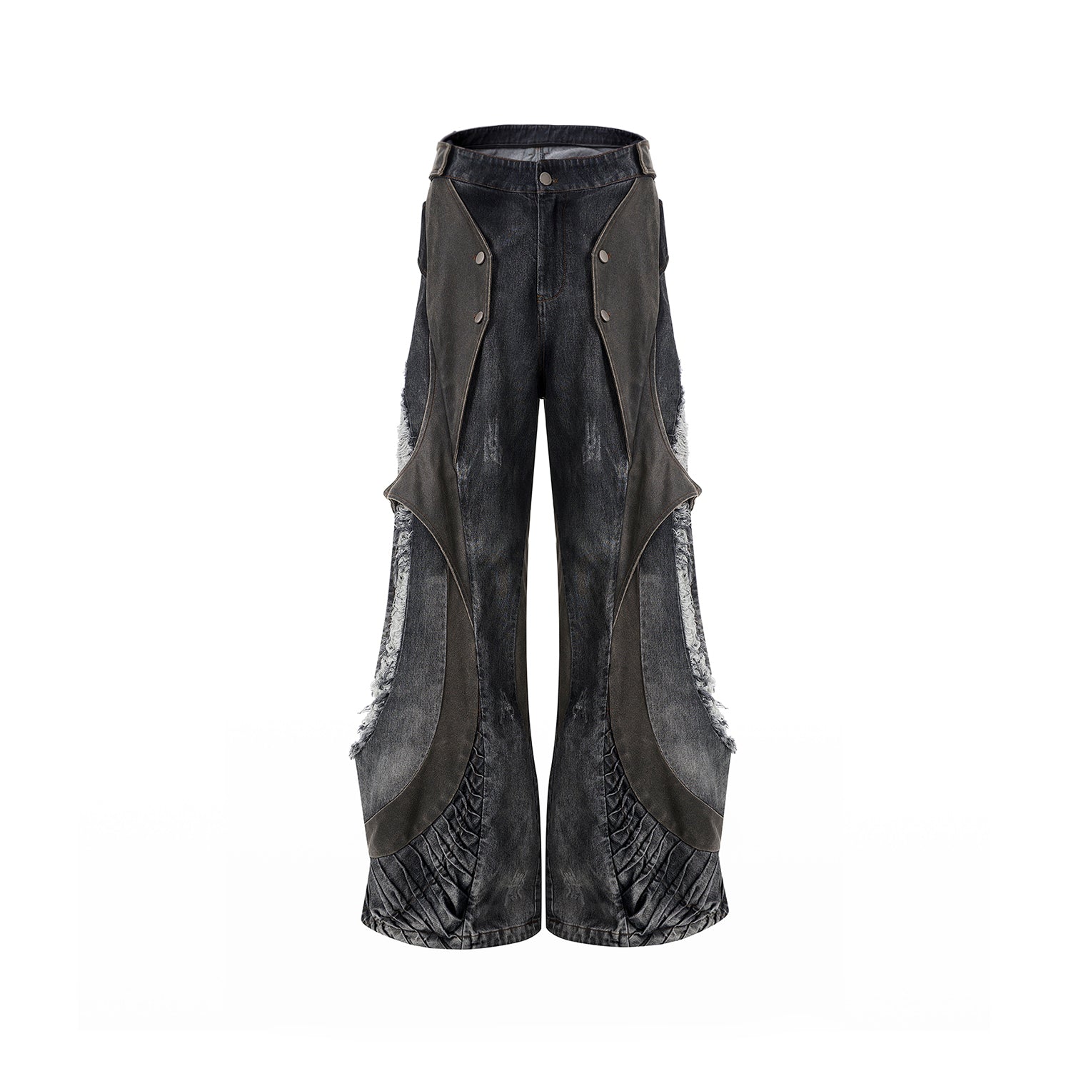 ShopBAM — Leather Patchwork Wide-Leg Denim — Summer Beige