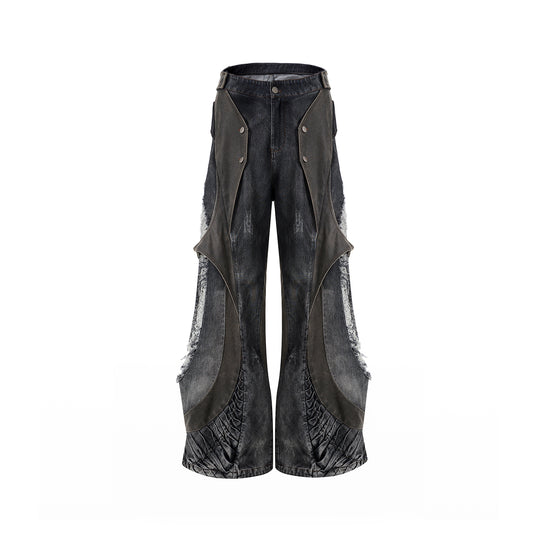 ShopBAM — Leather Patchwork Wide-Leg Denim — Summer Beige