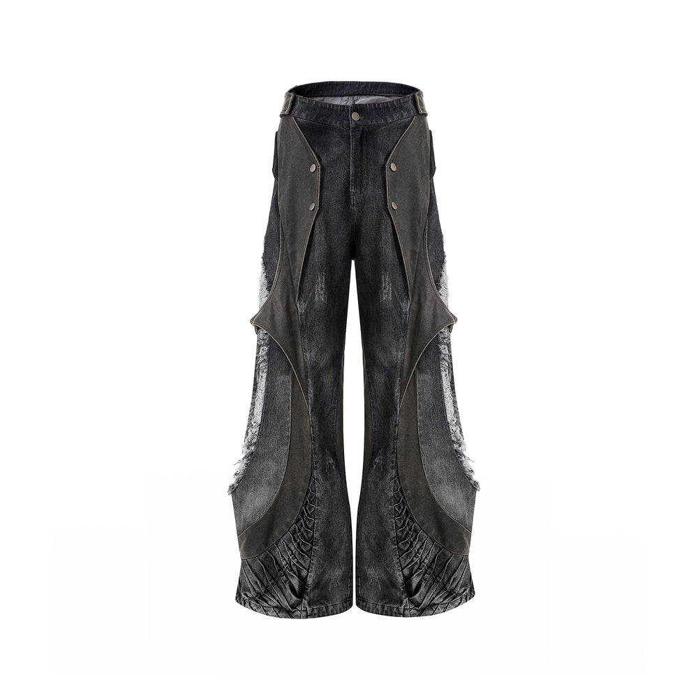 Leather Patchwork Wide-Leg Denim — Summer Beige