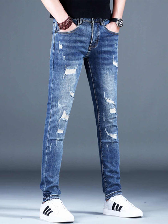 Fleece-Lined Ripped Stretch Denim — Winter Blue