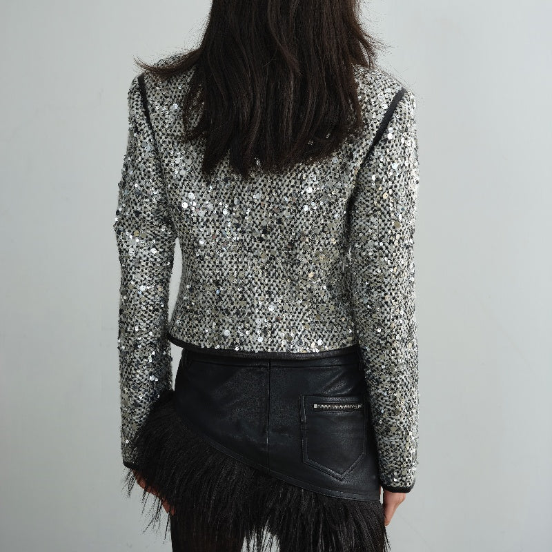 Sequined Short Coat — Low Collar, White
