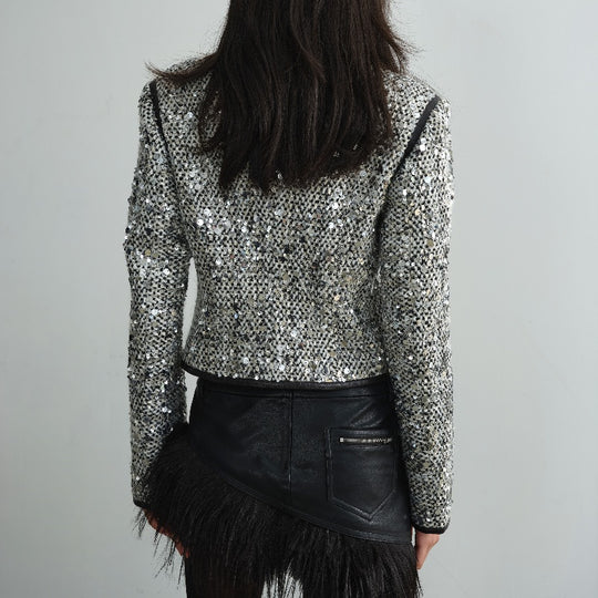 Sequined Short Coat — Low Collar, White