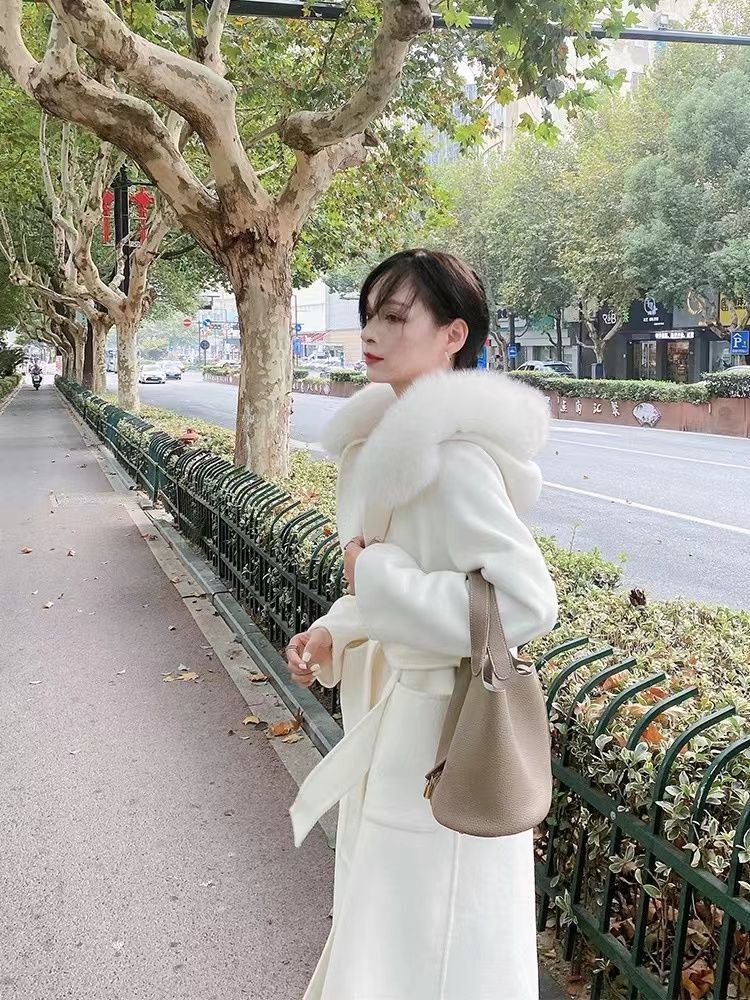 Thickened Woolen Coat Casual Hooded Lace-Up Fur Collar