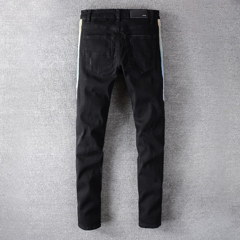Black Stitching Micro-Elastic Slim Hip-Hop Denim — Black