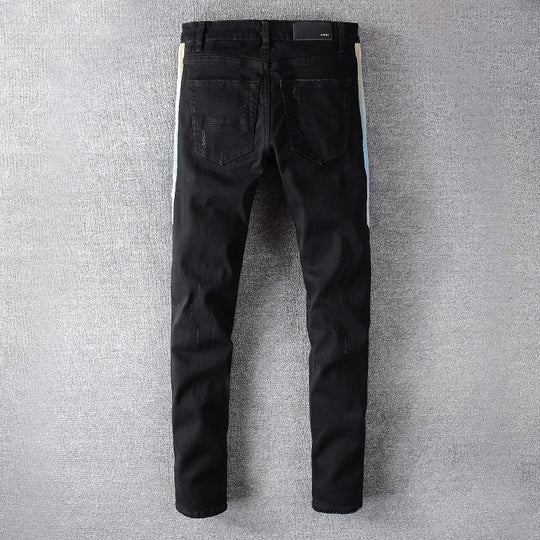 Black Stitching Micro-Elastic Slim Hip-Hop Denim — Black