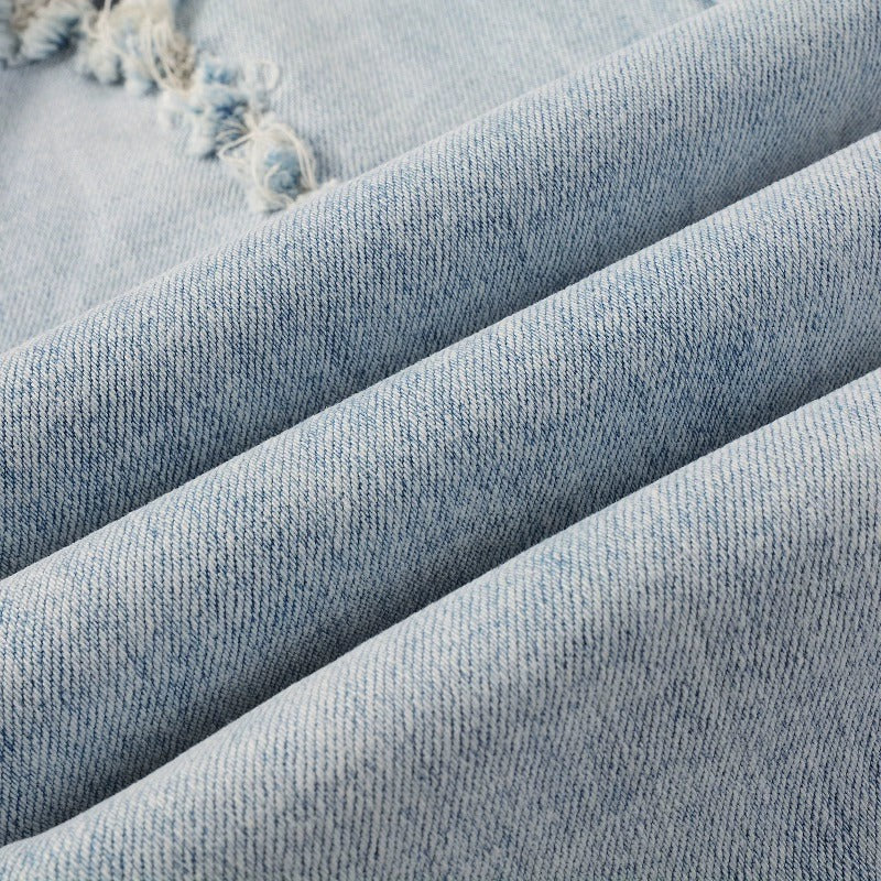 Diamond-Patch Ripped Stretch Skinny Denim — Light Blue