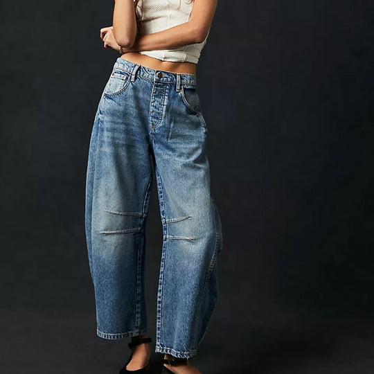 High-Stretch Mid-Rise Barrel Jeans — Women&