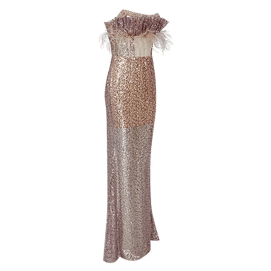 Feather Beaded Sequin Fishtail Dress — Women&