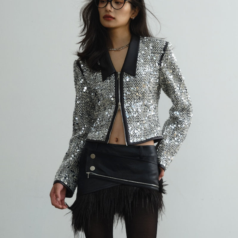 Sequined Short Coat — Low Collar, White