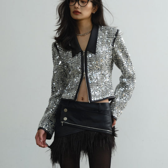 Sequined Short Coat — Low Collar, White