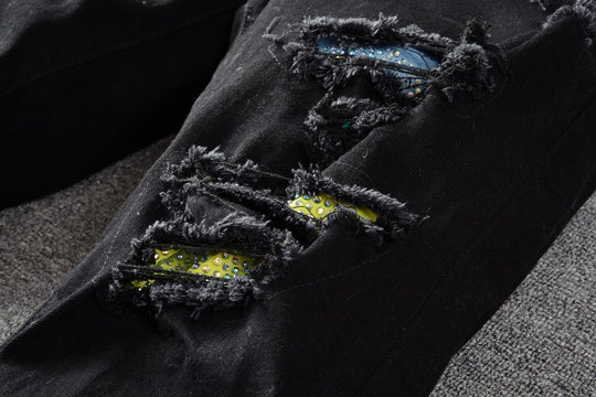 High Street Colorful Patch Distressed Slim Denim — Black