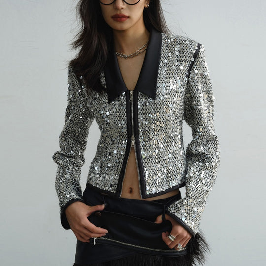 ShopBAM — Sequined Short Coat — Low Collar, White