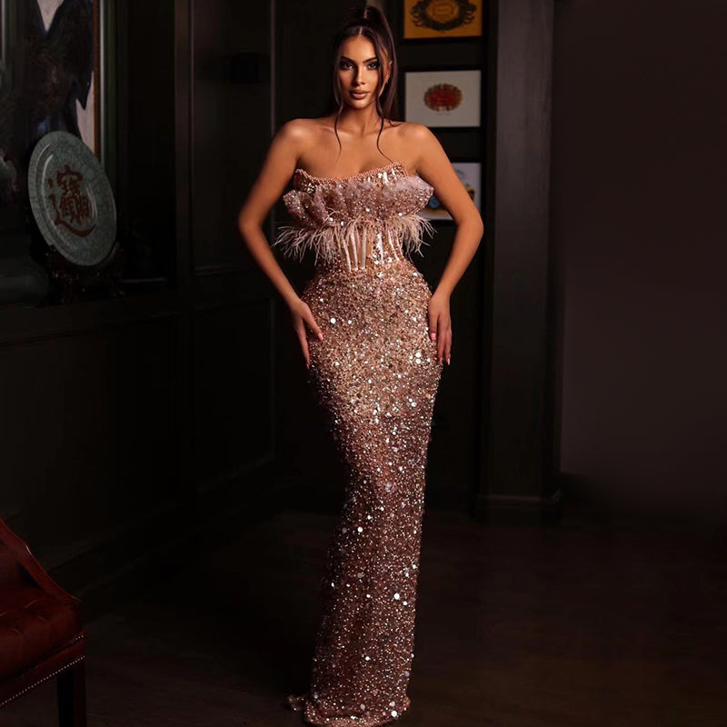 ShopBAM — Feather Beaded Sequin Fishtail Dress — Women's