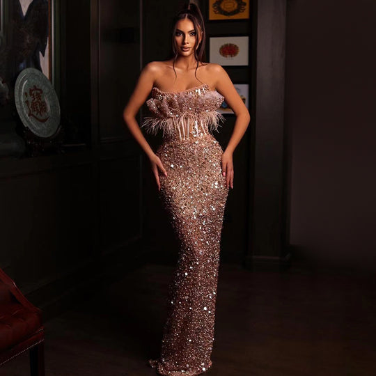 ShopBAM — Feather Beaded Sequin Fishtail Dress — Women&