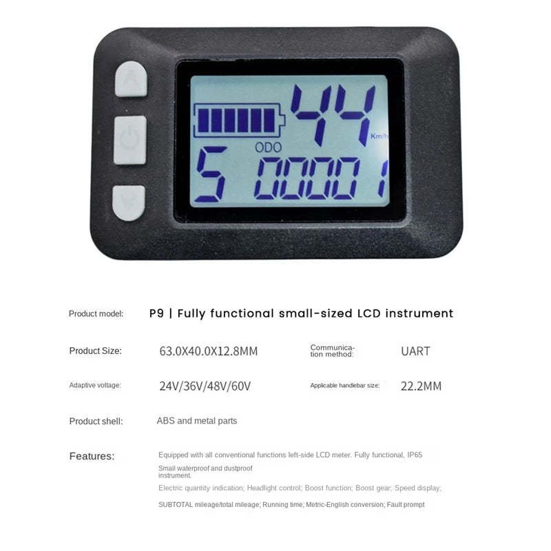 P9 LCD Display Dashboard Meter LCD Screen 24V 36V 48V 60V Electric Bike Meter For Electric Scooter LCD Display