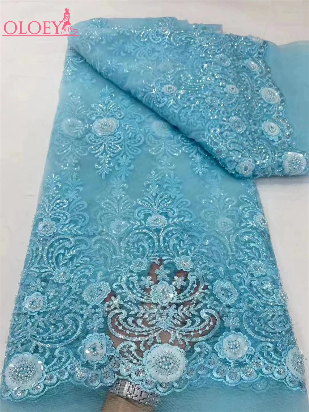 Fashion French Embroidery Lace Fabric With African Nigerian Beaded Lace Fabric For Wedding Dress
