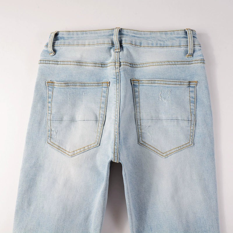 Diamond-Patch Ripped Stretch Skinny Denim — Light Blue