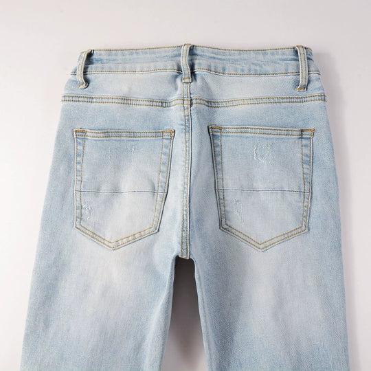 Diamond-Patch Ripped Stretch Skinny Denim — Light Blue